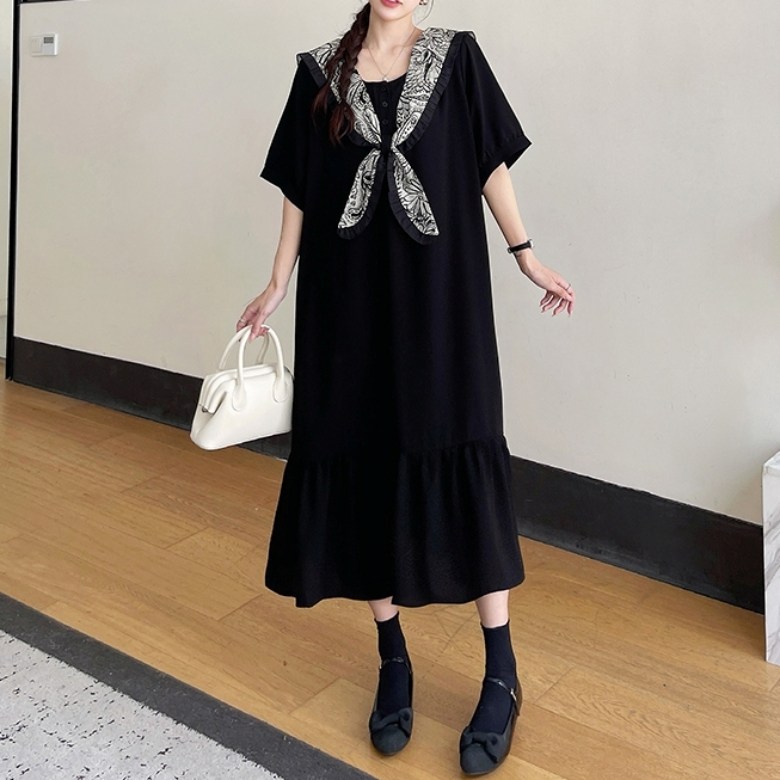 잇츠스타일 [L~3XL] 빅사이즈 블랙 플라워 패치 카라 린넨 반팔 원피스  111762 : 잇츠스타일
