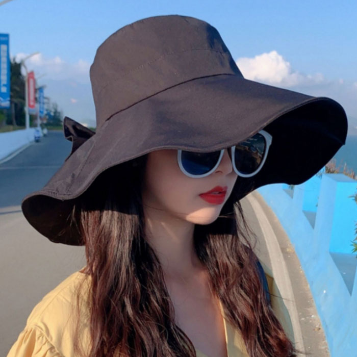 여성용 넓은챙 리본 벙거지모자 자외선차단 썸머햇 휴양지 데일리 썬햇 - 메인 이미지