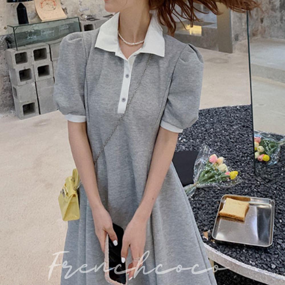 프렌치코코 카라 롱원피스 반팔 배색 A라인 스커트 소개팅 결혼식 - 메인 이미지