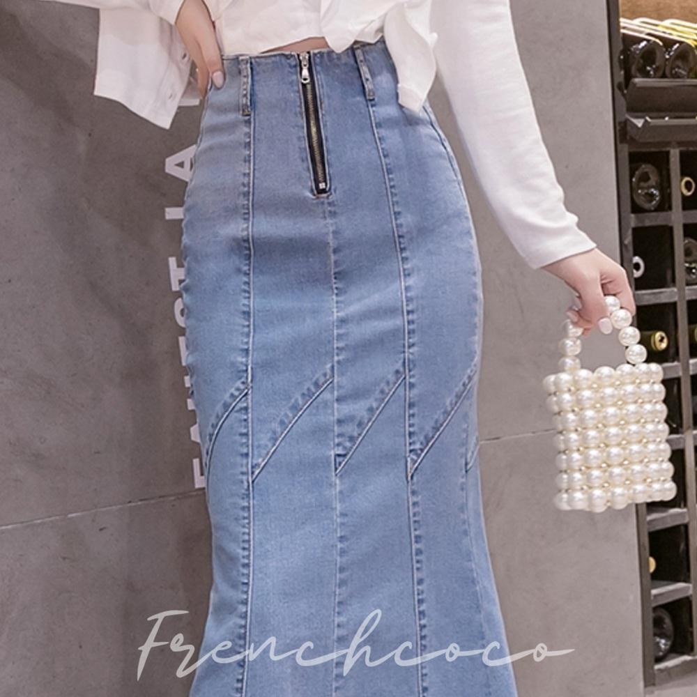 프렌치코코 앞지퍼 데님 롱스커트 청 치마 딱붙는 - 상품 이미지