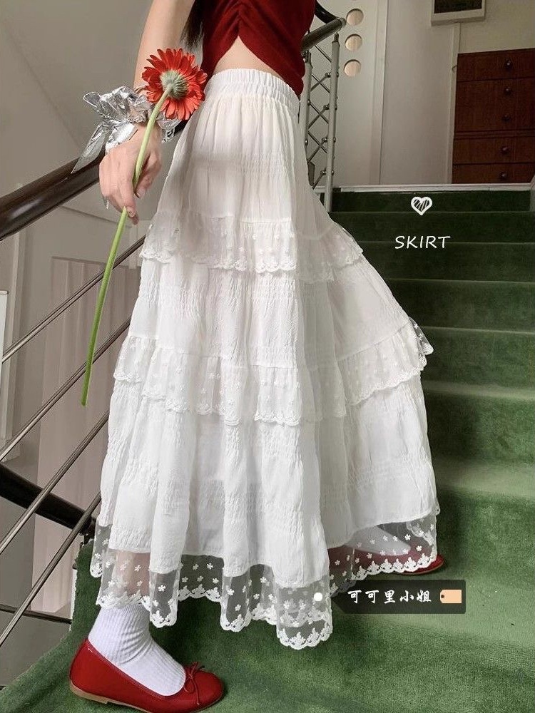 밴딩 레이스 캉캉롱스커트 봄여름 프렌치 감성 무드 느좋패션 코디 A라인 하이웨스트 화이트 - 상세 이미지 5