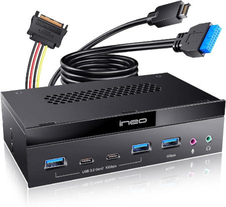 [해외]ineo 5.25인치 PC 멀티 전면패널 USB 3.2 Gen2 허브 컴퓨터 섀시 브래킷 SATA 전원 커넥터필요(2x10G US