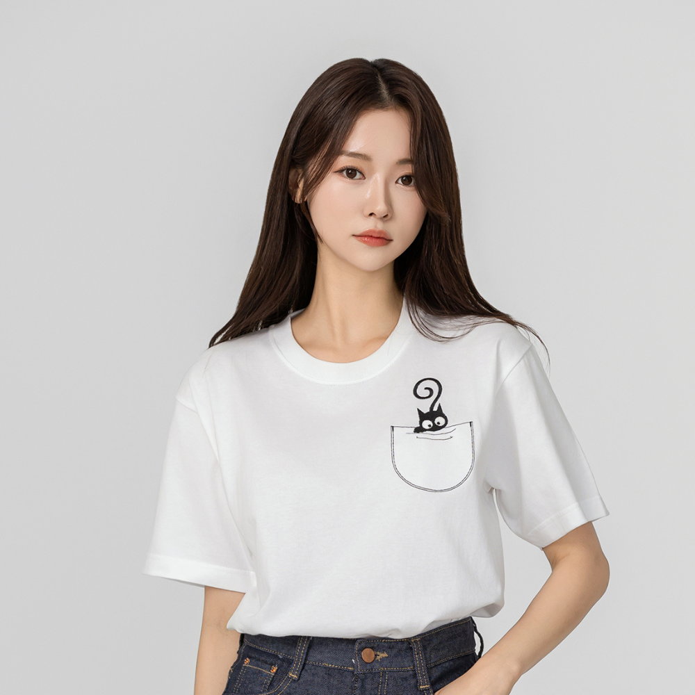 포켓에서 고개 내민 고양이 자수 반팔 빅사이즈 티셔츠  FTC00021 - 상품 이미지