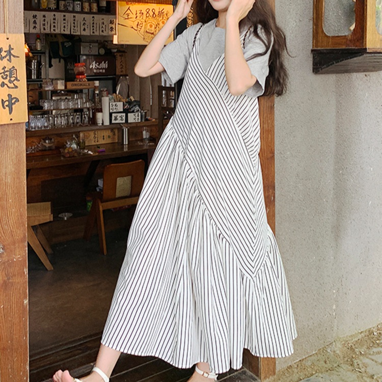 뷔스티에 스트라이프 롱원피스 루즈핏 캐주얼 사선 유니크 디자인 블루네이비 해변 휴가 여름 - 상세 이미지 2