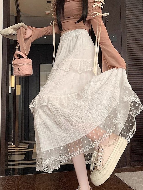 밴딩 레이스 캉캉롱스커트 봄여름 프렌치 감성 무드 느좋패션 코디 A라인 하이웨스트 화이트 - 상세 이미지 2
