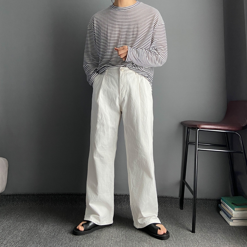 남자 여름 긴팔 스트라이프 티 살안타템 티셔츠 - 상세 이미지 2