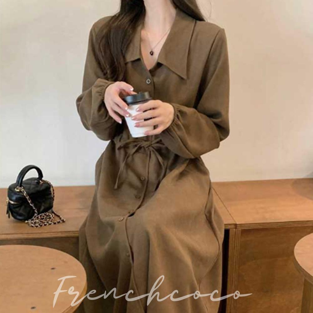 프렌치코코 코듀로이 원피스 원단 허리라인 스트링 카라넥 - 상품 이미지