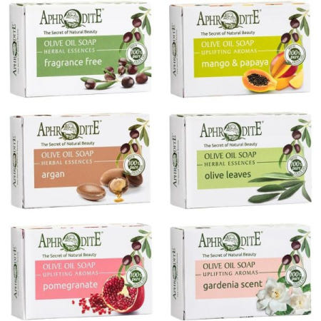 [해외]AphrodIte 아프로디테 올리브 오일 비누 세트. 6종 세트입니다. 100 그리스산 올리브오일로 만든 (망고파파야, 아르, 올리브잎, 석류, 당나귀밀크) 비누바 - 커드