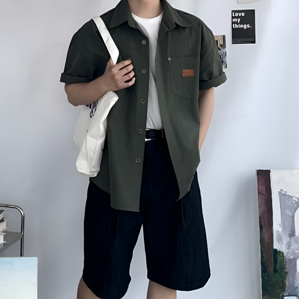 남녀공용 데일리 오버핏 반팔 워크 셔츠 - 메인 이미지