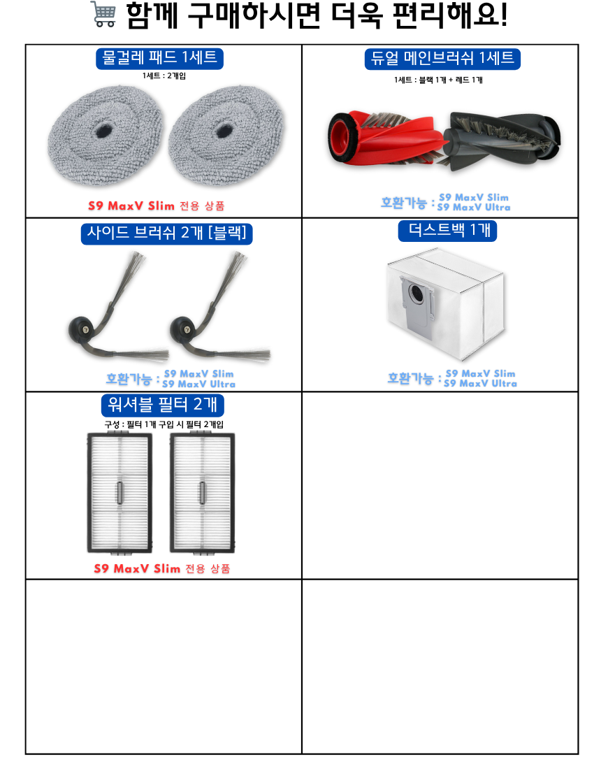 [호환] 로보락 S9 MaxV Slim 소모품 물걸레 더스트백 필터 브러쉬 3개월 구성품