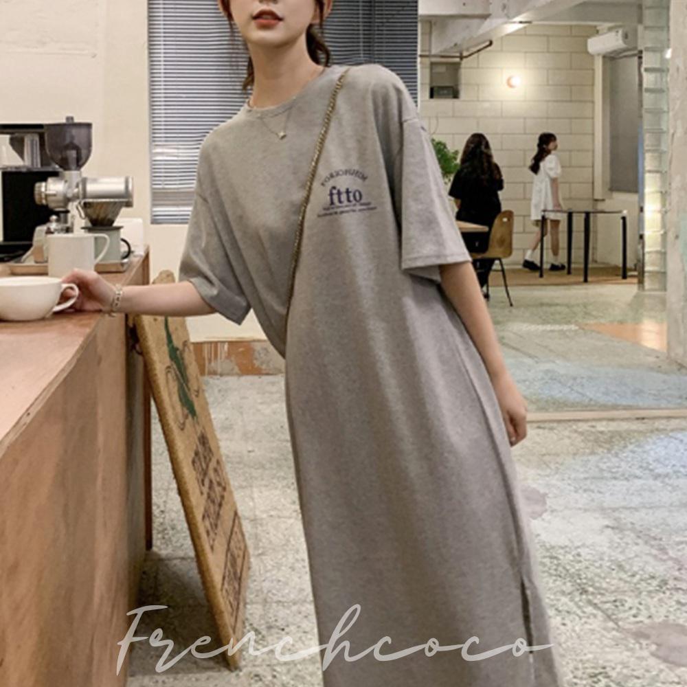 프렌치코코 레터링 무지 여름원피스 반팔 옆트임 여름임부복 라운드 레터링 - 메인 이미지