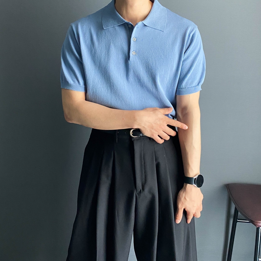남자 반팔 카라 워셔블 니트 - 상세 이미지 3