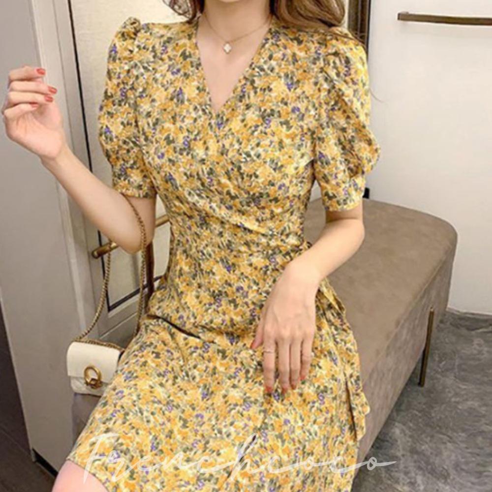 프렌치코코 랩 꽃무늬 원피스 브이넥 반팔 에스닉 미디기장 - 메인 이미지