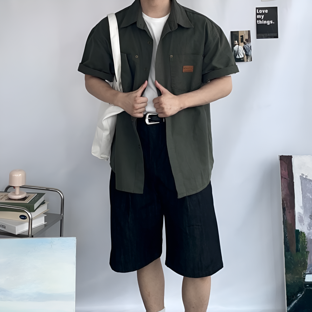 남녀공용 데일리 오버핏 반팔 워크 셔츠 - 상세 이미지 5