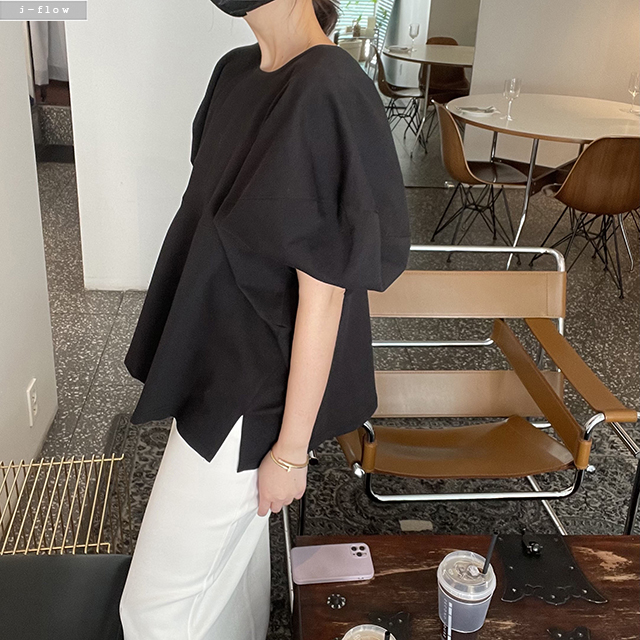 볼렌 퍼프 스판 옆트임 블라우스 4col 여름 볼륨 반팔 하프 가오리 라운드 제이플로우 - 상세 이미지 5