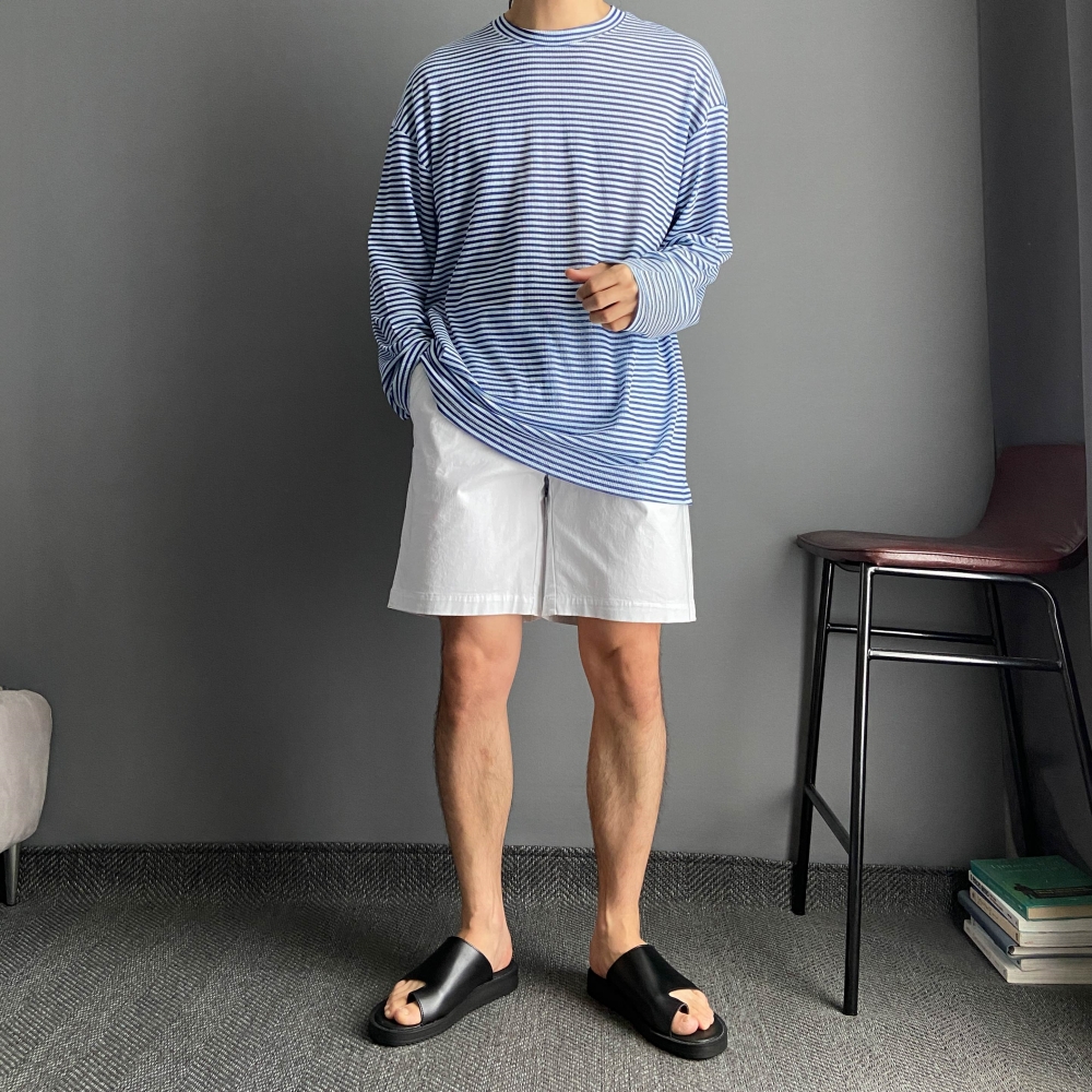 남자 여름 긴팔 스트라이프 티 살안타템 티셔츠 - 상세 이미지 3