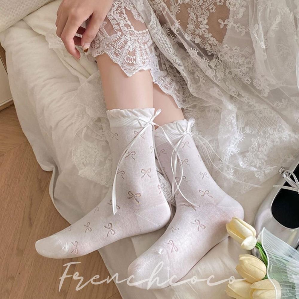 프렌치코코 발레코어 중목 양말 얇은 여름 리본 펀칭 2켤레 세트 - 메인 이미지