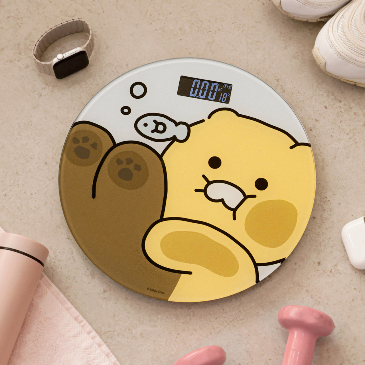 카카오프렌즈 원형 체중계 춘식이 홈 캐릭터 스마트 체지방 체중관리 가정용 강화유리 LED