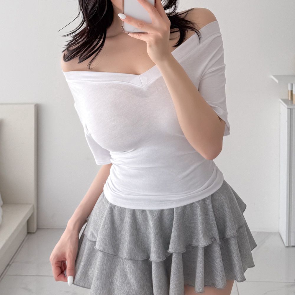 뮤리안 브이넥 셔링 반팔 티셔츠 AC0161 - 상세 이미지 4