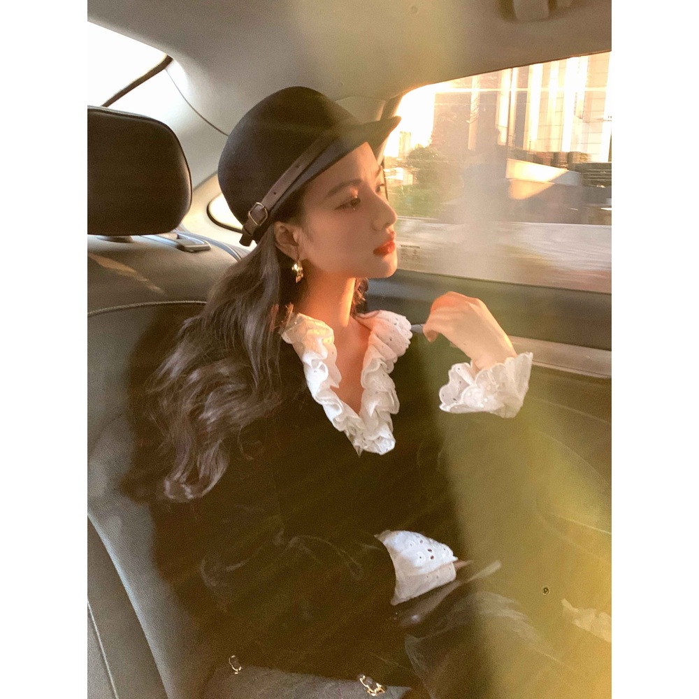 프릴 러플 블라우스 셔츠 루즈핏 프렌치 감성 무드 유니크 여자 연예인 패션 디자인 화이트 - 상세 이미지 3