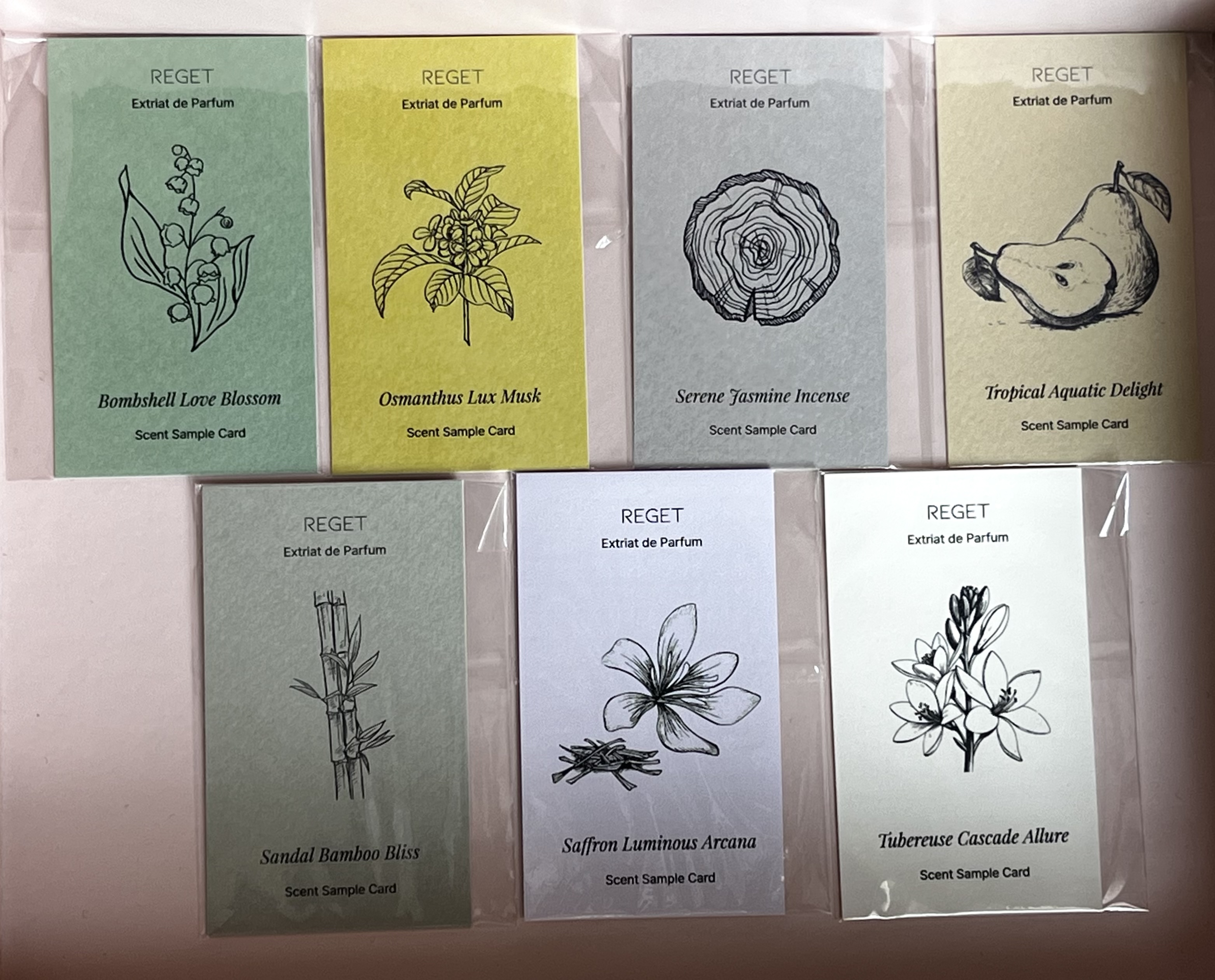 리겟 엑스트레 드 파퓸 시향지 전제품 7종 (밤쉘러브블라썸/오스만투스럭스머스크/서린자스민인센스/샌달밤부블리스/트로피칼아쿠아틱딜라이트/튜베로즈/사프란)