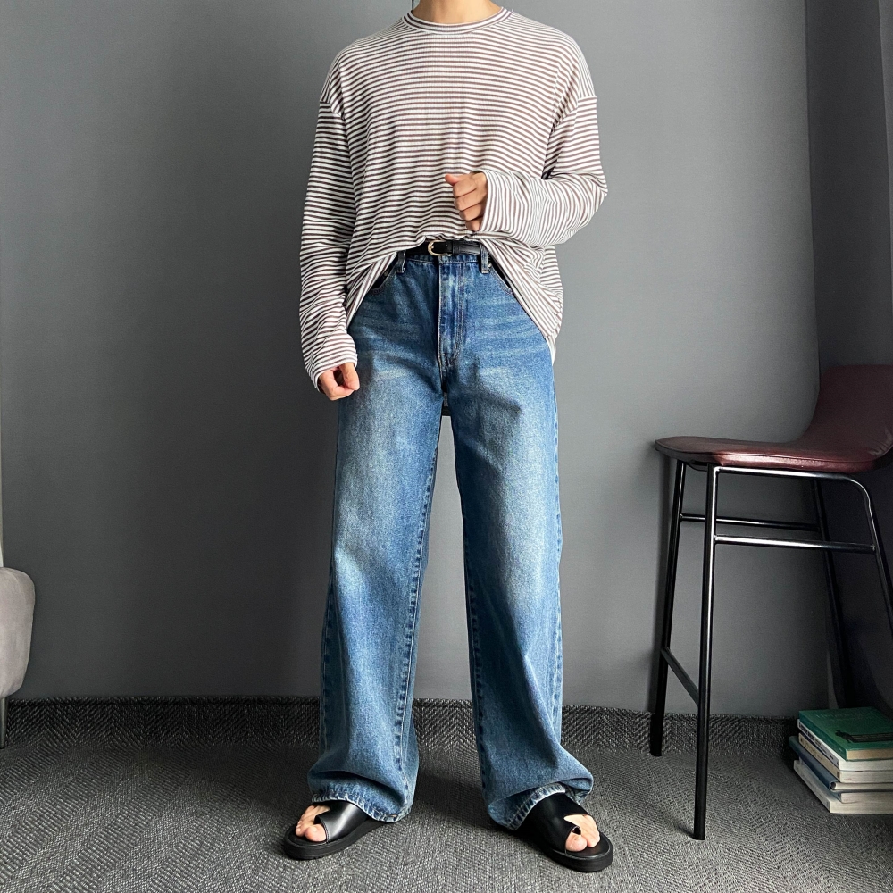 남자 여름 긴팔 스트라이프 티 살안타템 티셔츠 - 상세 이미지 5