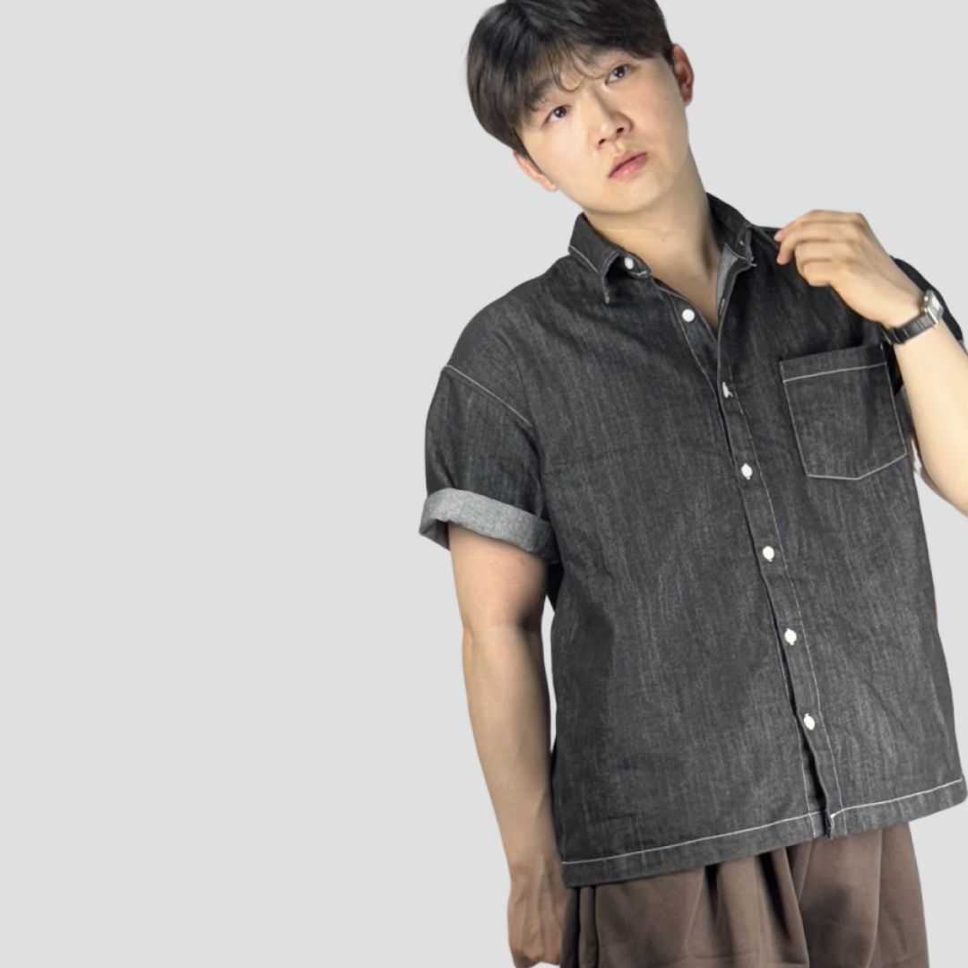 남자청남방 오버핏반팔셔츠 남자데님셔츠 - 상품 이미지