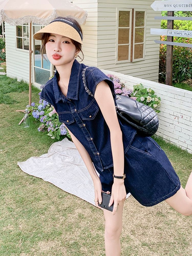 원피스 뷔스티에 데님 조끼 청반바지 캐주얼 여성용 여름 얇은 반팔 투피스세트 슈트 - 상세 이미지 4