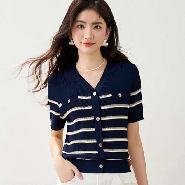 봄 여름 여성 슬림핏 스트라이프 반팔 가디건 페미닌룩 클래식룩 브이넥 버튼 포켓 골지 니트