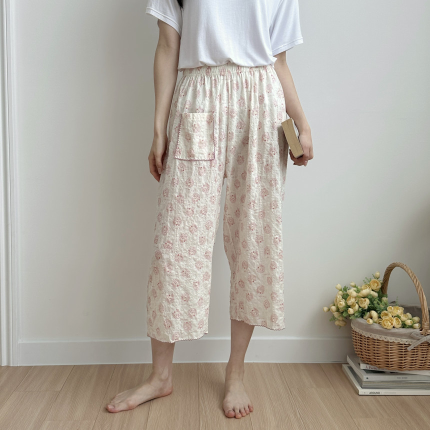 국산 코튼레이온 데일리팬츠 파자마바지 잠옷 8부바지 사자무늬