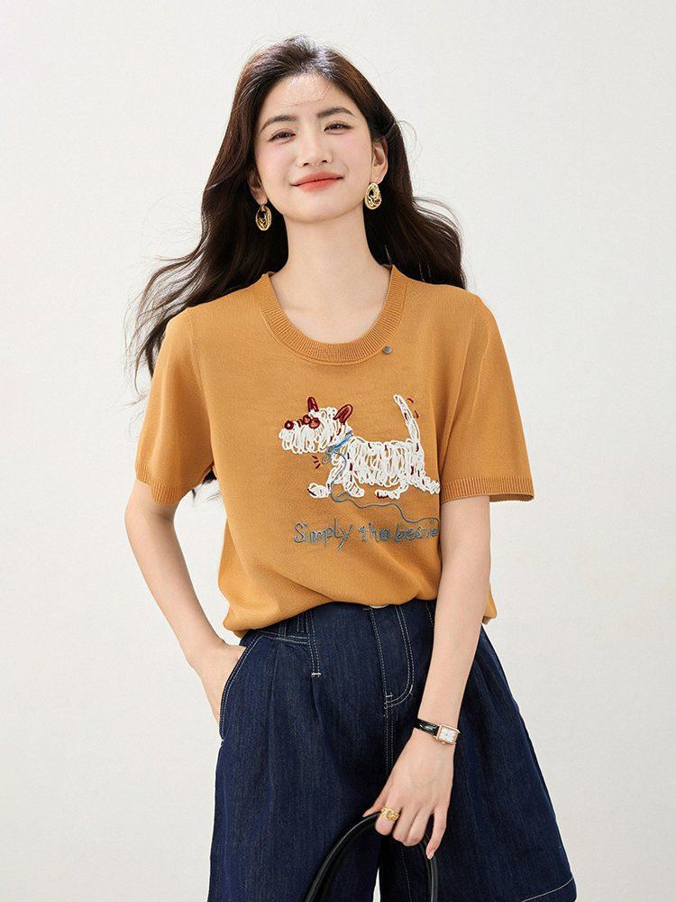 봄 여름 여성 루즈핏 캐릭터 자수 반팔 티셔츠 캐주얼룩 데일리룩 라운드넥 레터링 포인트 - 상세 이미지 3