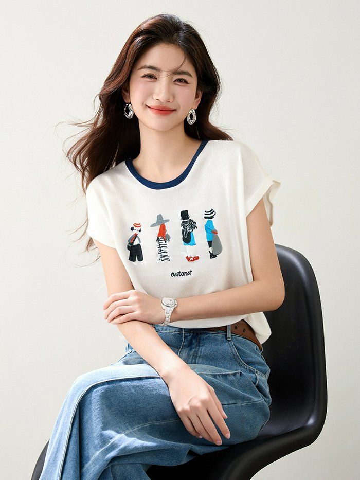 봄 여름 여성 슬림핏 캐릭터 자수 반팔 티셔츠 캐주얼룩 데일리룩 배색 라운드넥 유니크 - 상세 이미지 2