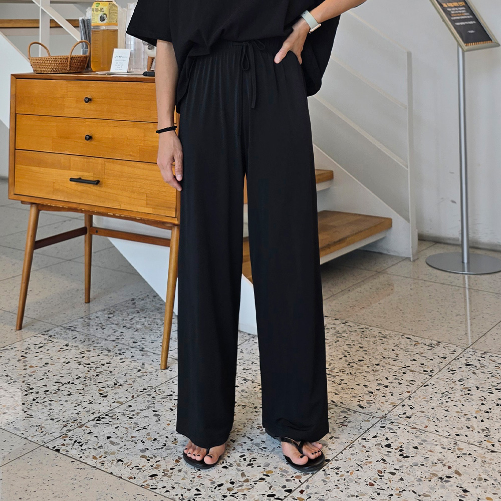 밴딩 스판 키작녀바지 블랙 여름긴바지 - 상품 이미지