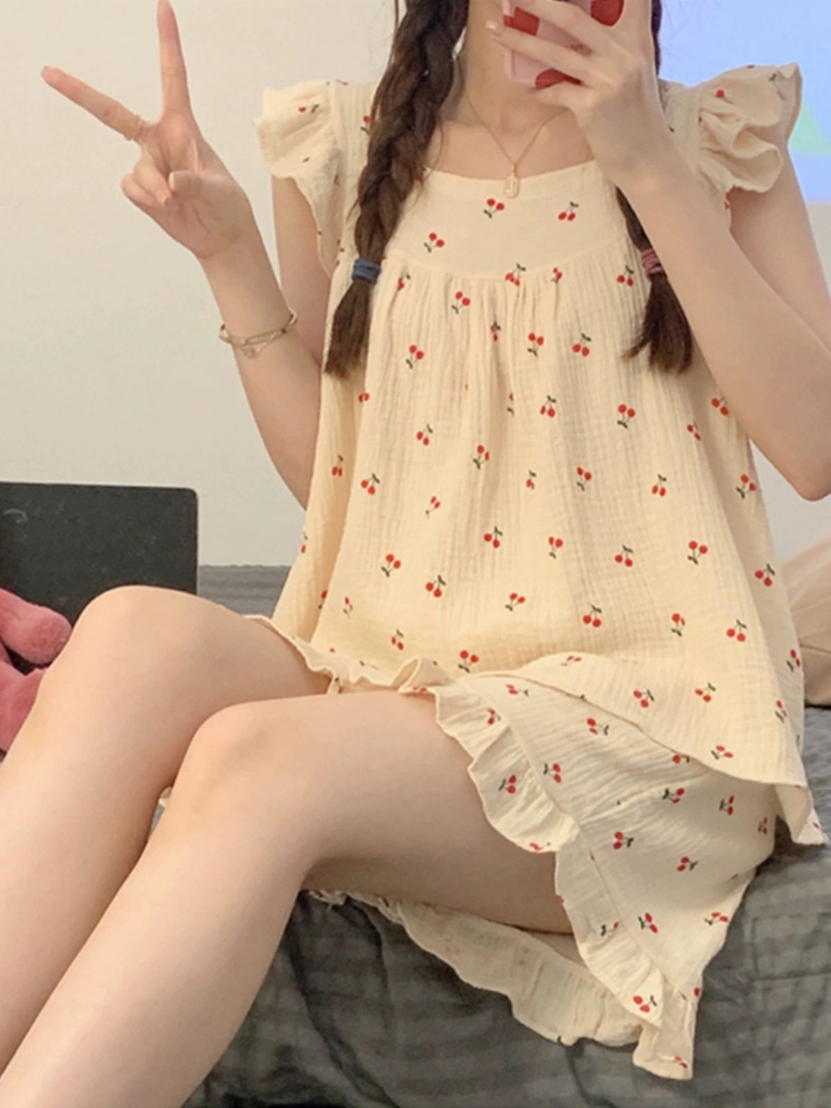 잠옷 여성 속옷 여름 얇은 코튼 민소매 반바지 투피스세트 1.민트 - 상세 이미지 4
