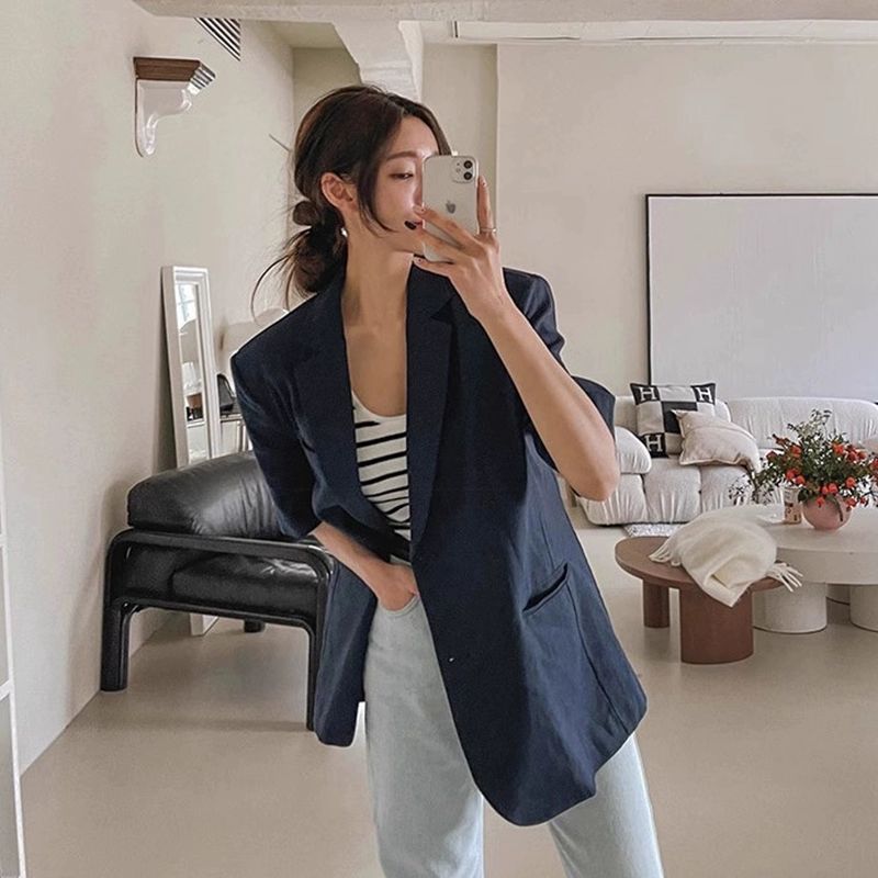 여성용 여름 반팔 정장 여성 자켓 캐주얼 스타일리시 편안한 루즈핏 의류 블레이저 패션 메이홍 : EASYBIZ