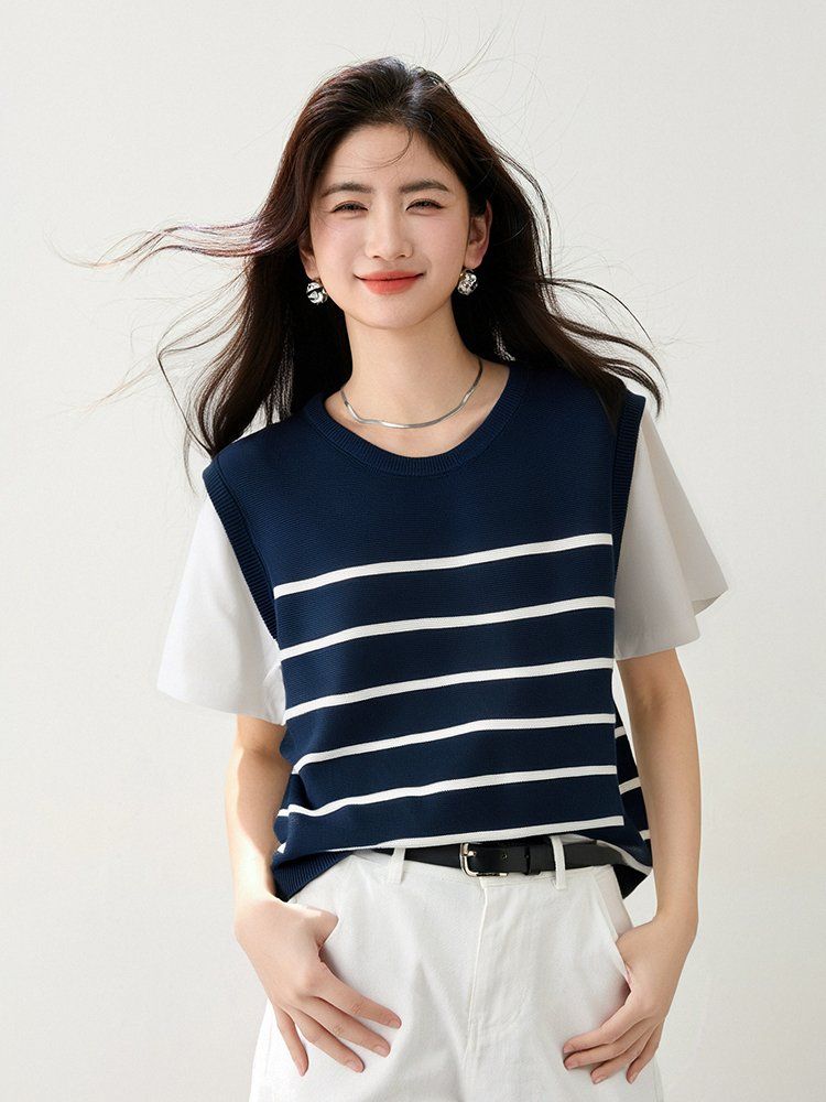 봄 여름 여성 슬림핏 스트라이프 니트 베스트 레트로룩 데일리룩 라운드넥 민소매 레이어드 - 상세 이미지 5