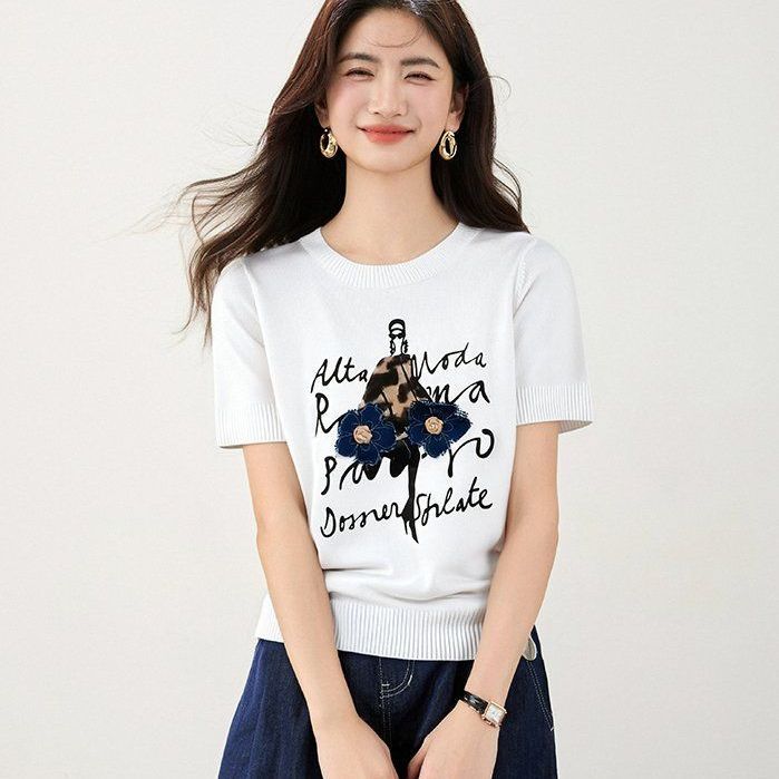 봄 여름 여성 루즈핏 레터링 플라워 반팔 티셔츠 레트로룩 데일리룩 라운드넥 그래픽 포인트 - 상품 이미지