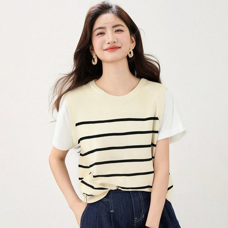 봄 여름 여성 슬림핏 스트라이프 니트 베스트 레트로룩 데일리룩 라운드넥 민소매 레이어드 - 메인 이미지