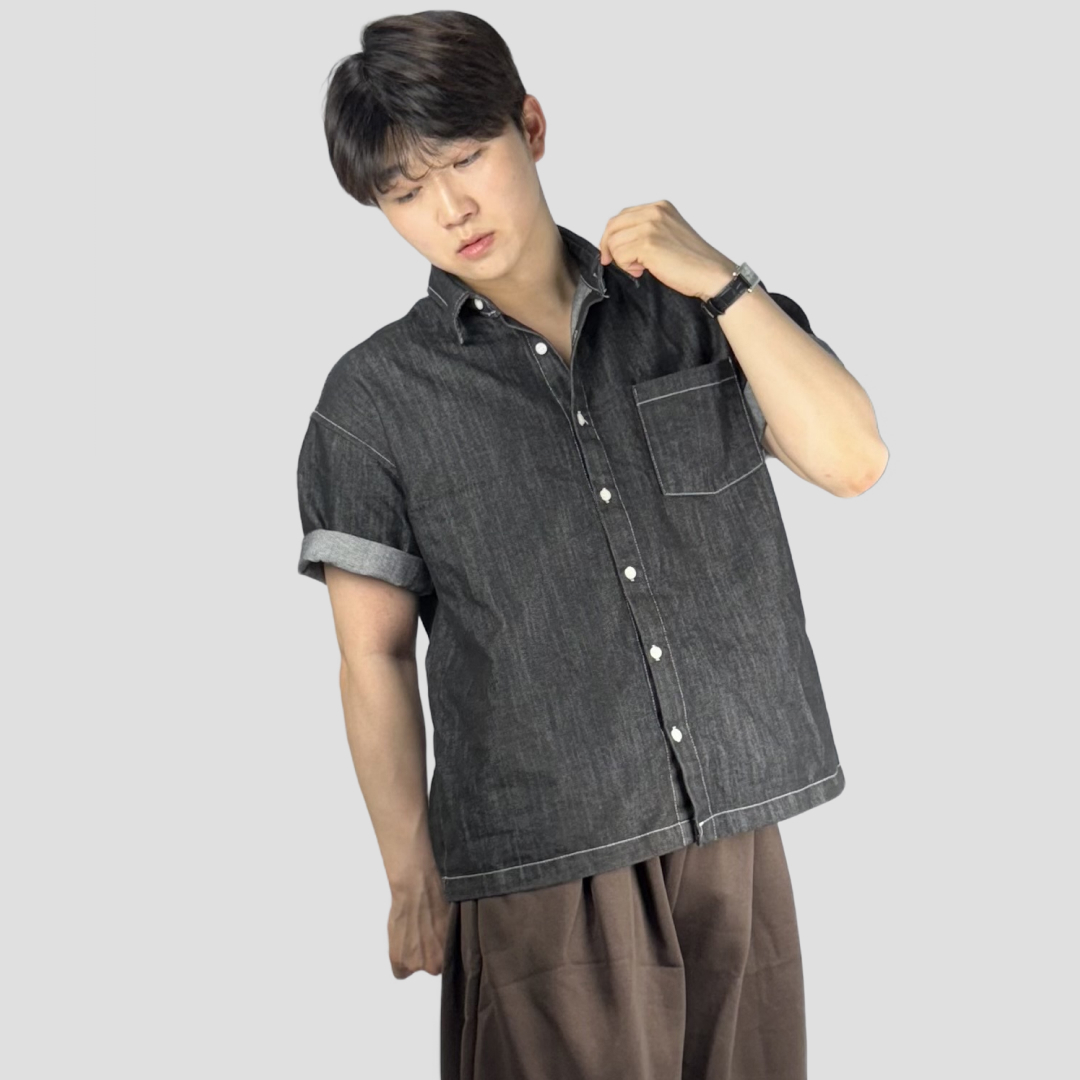 남자청남방 오버핏반팔셔츠 남자데님셔츠 - 상세 이미지 3