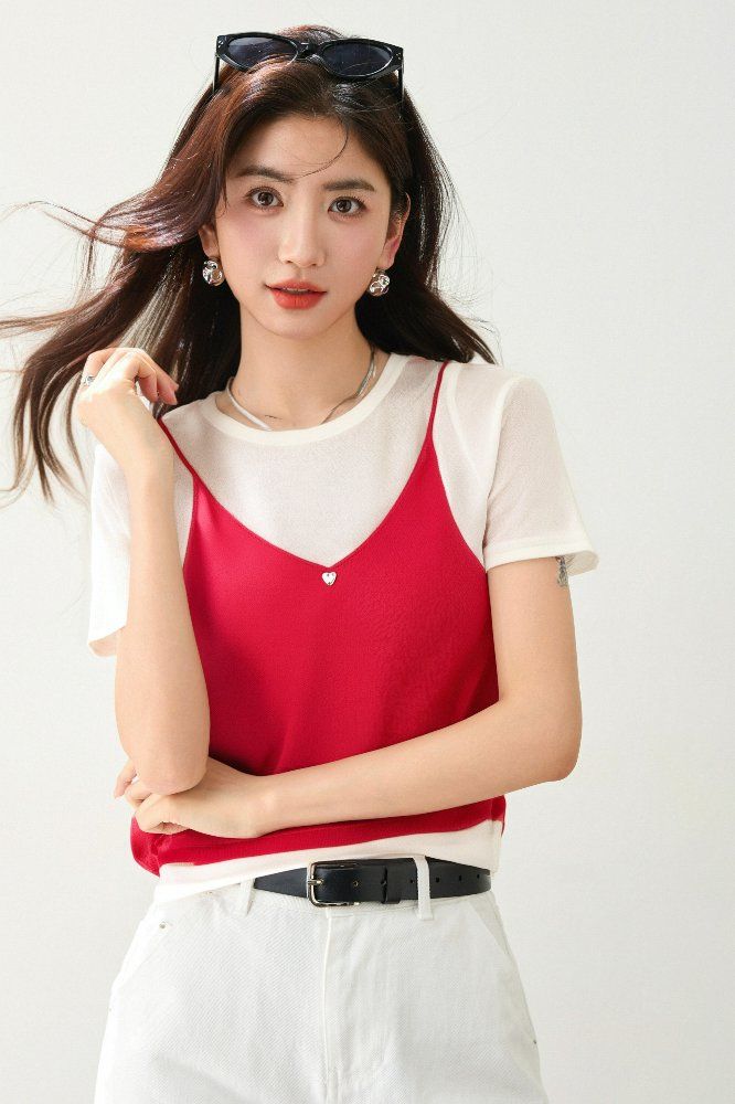 봄 여름 여성 루즈핏 레이어드 나시 반팔 티셔츠 캐주얼룩 데일리룩 브이넥 하트 포인트 - 상세 이미지 2