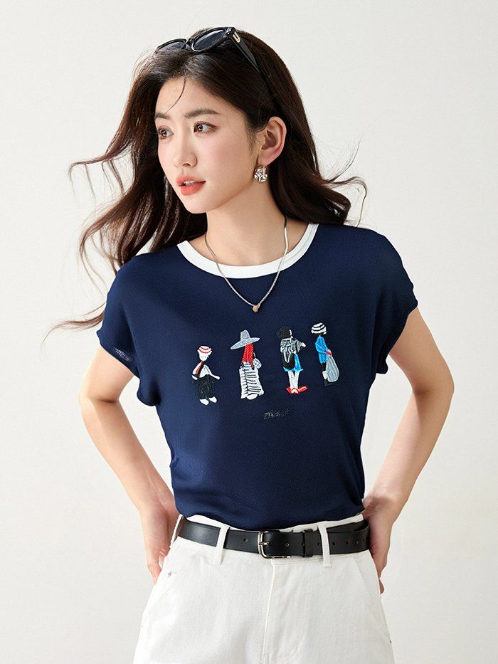 봄 여름 여성 슬림핏 캐릭터 자수 반팔 티셔츠 캐주얼룩 데일리룩 배색 라운드넥 유니크 - 상세 이미지 3