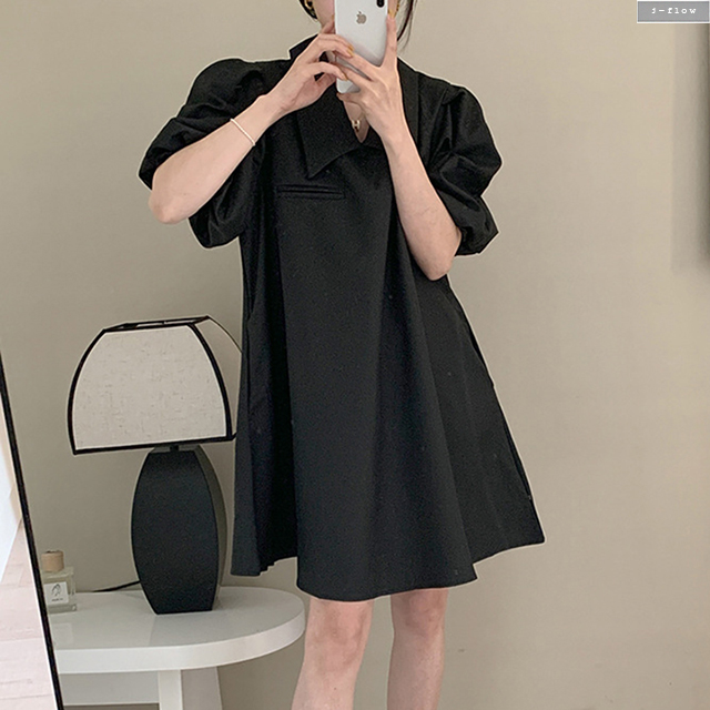 플랫 브이넥 카라 실키 퍼프 루즈핏 미니원피스 2col 여름 아방 베이비돌 셔링 제이플로우 - 상품 이미지