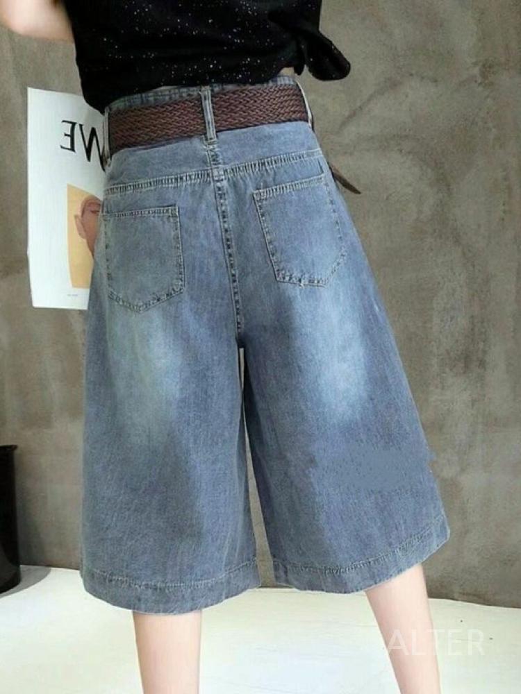 빅사이즈 와이드 청 하이웨스트 반바지 데님 와이드핏 핀턱 팬츠 7부 S 85/50kg+벨트 - 상세 이미지 3