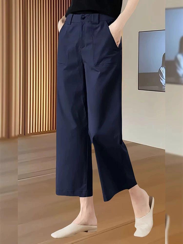 면바지 여성 여름 네이비 화이트 슬랙스 얇은 크롭 와이드 바지 1.네이비 - 상품 이미지