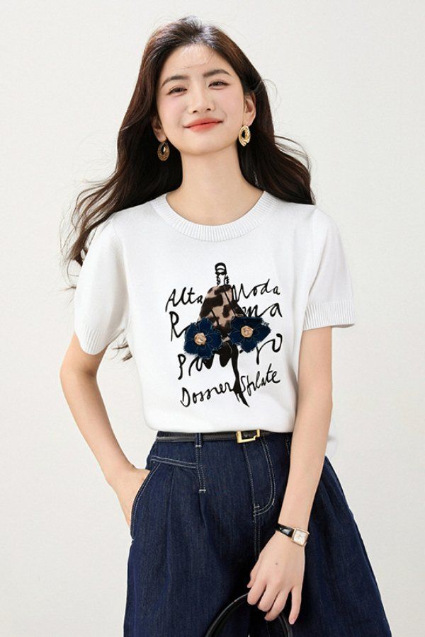봄 여름 여성 루즈핏 레터링 플라워 반팔 티셔츠 레트로룩 데일리룩 라운드넥 그래픽 포인트 - 상세 이미지 2