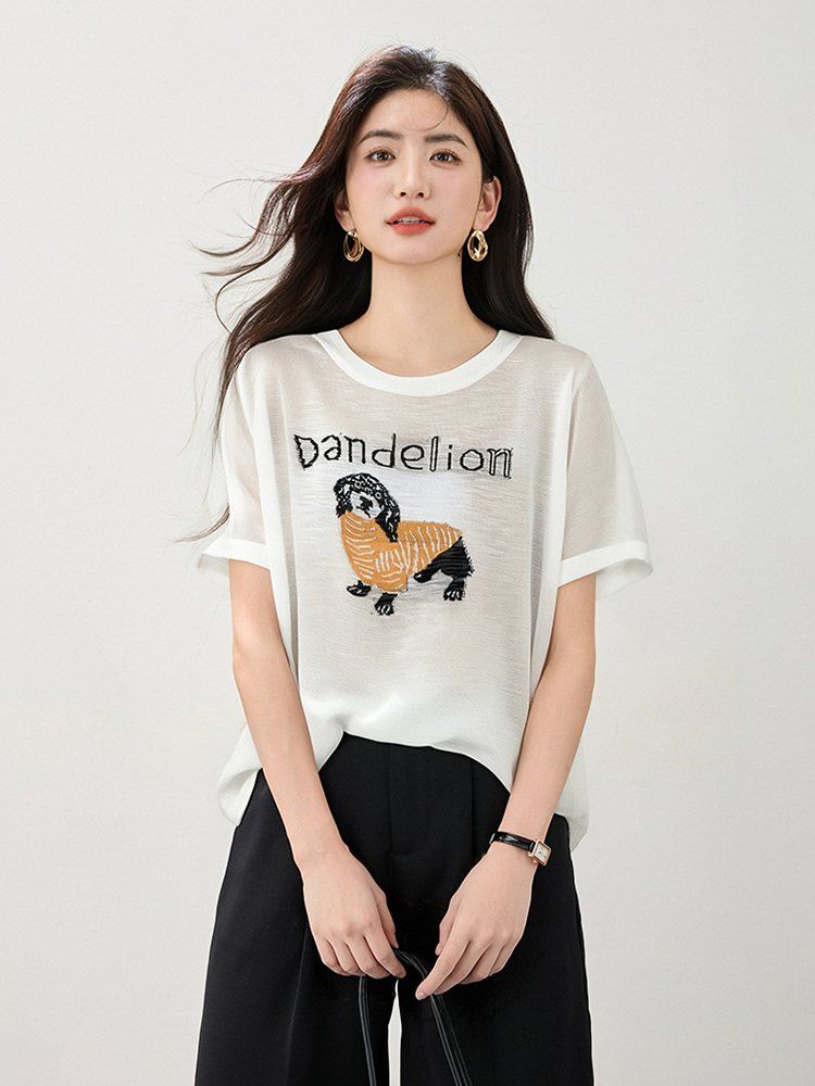 봄 여름 여성 슬림핏 캐릭터 자수 반팔 티셔츠 심플룩 데일리룩 라운드넥 레터링 포인트 - 상세 이미지 3