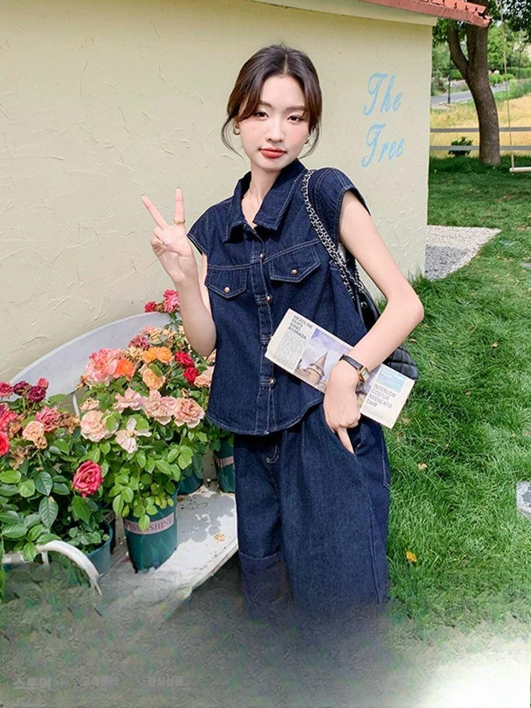 원피스 뷔스티에 데님 조끼 청반바지 캐주얼 여성용 여름 얇은 반팔 투피스세트 슈트 - 상세 이미지 5