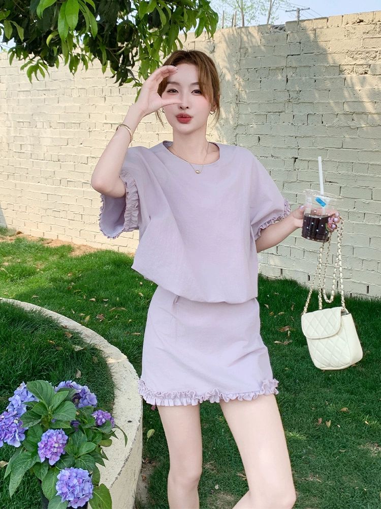 원피스 여름 여성 티셔츠 미니스커트레이스 반팔티 크롭 탑 드레스 투피스세트 연보라색 세트 - 상세 이미지 2