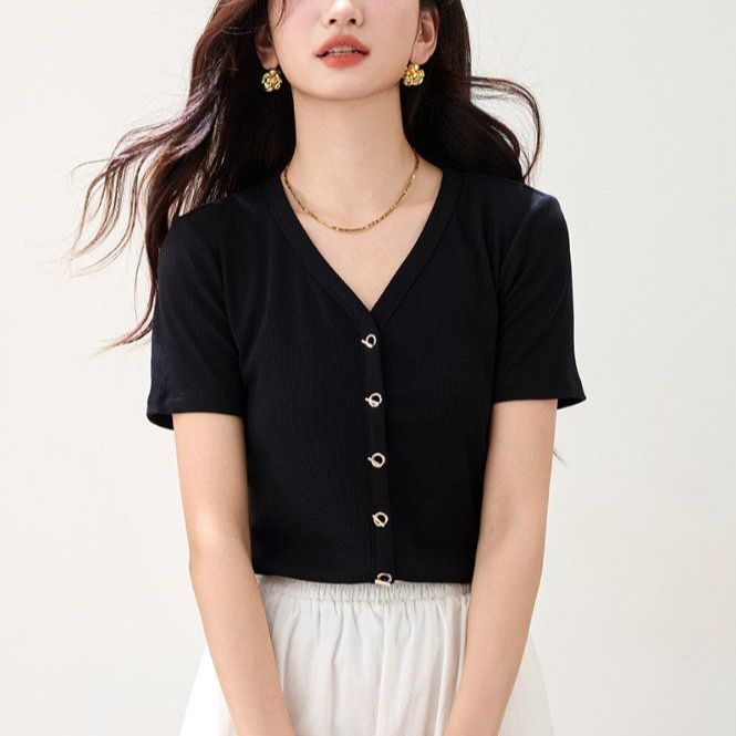 봄 여름 여성 슬림핏 브이넥 반팔 가디건 데일리룩 베이직 골지 버튼 포인트 단정한 니트