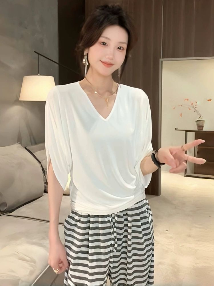 반팔 티셔츠 V넥 여성 나시 여름 슬림 블라우스 1.블랙 - 상세 이미지 3